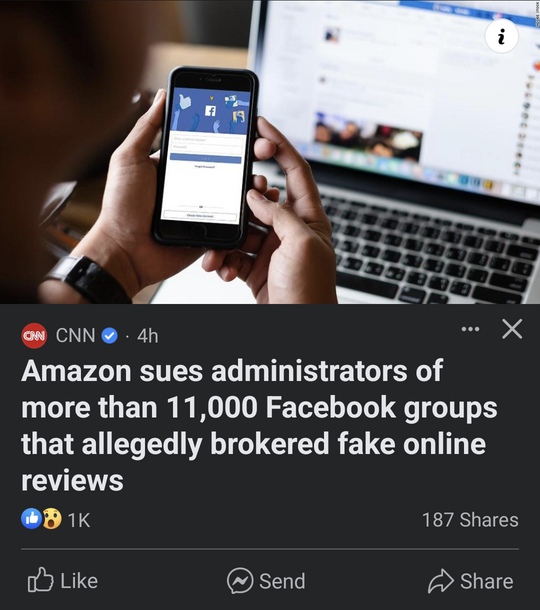 screenshot of news article about Amazon's suit of Facebook groups