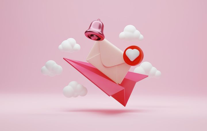 3d newsletter with bell and heart icon surrounded by clouds